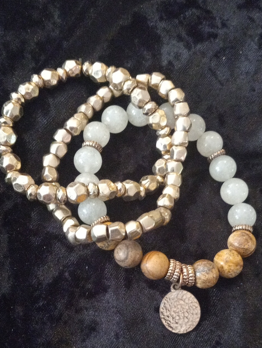 Gold Metal & Natural Stone With Quartz Beaded Stackable Bracelet Set with Charm